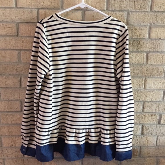 Cream Striped Sweater with Ruffle Chambray Hem - Picture 3 of 5